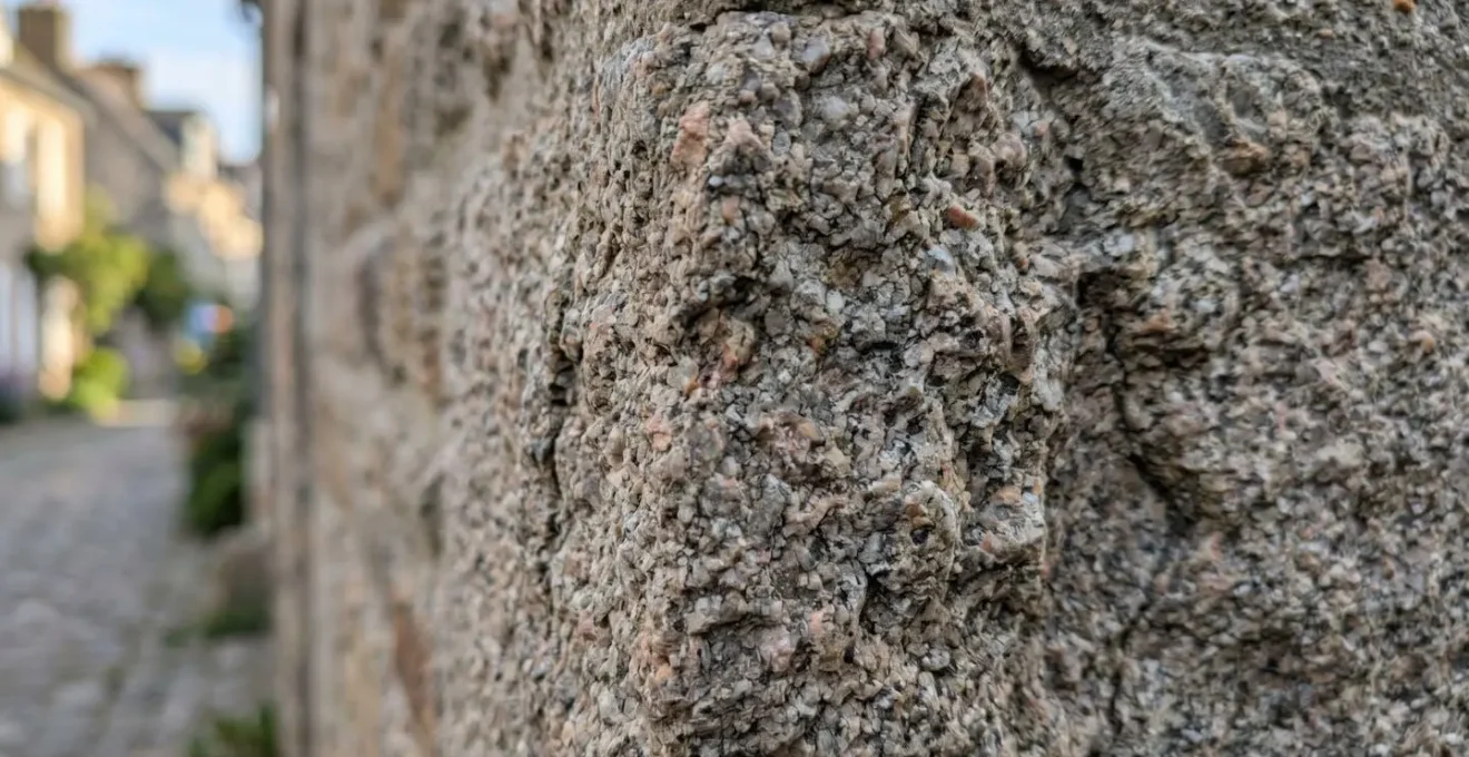 Gros plan sur la texture de pierre de granit d'une façade typique de maison à Barfleur, éclairage naturel latéral révélant les aspérités de la pierre