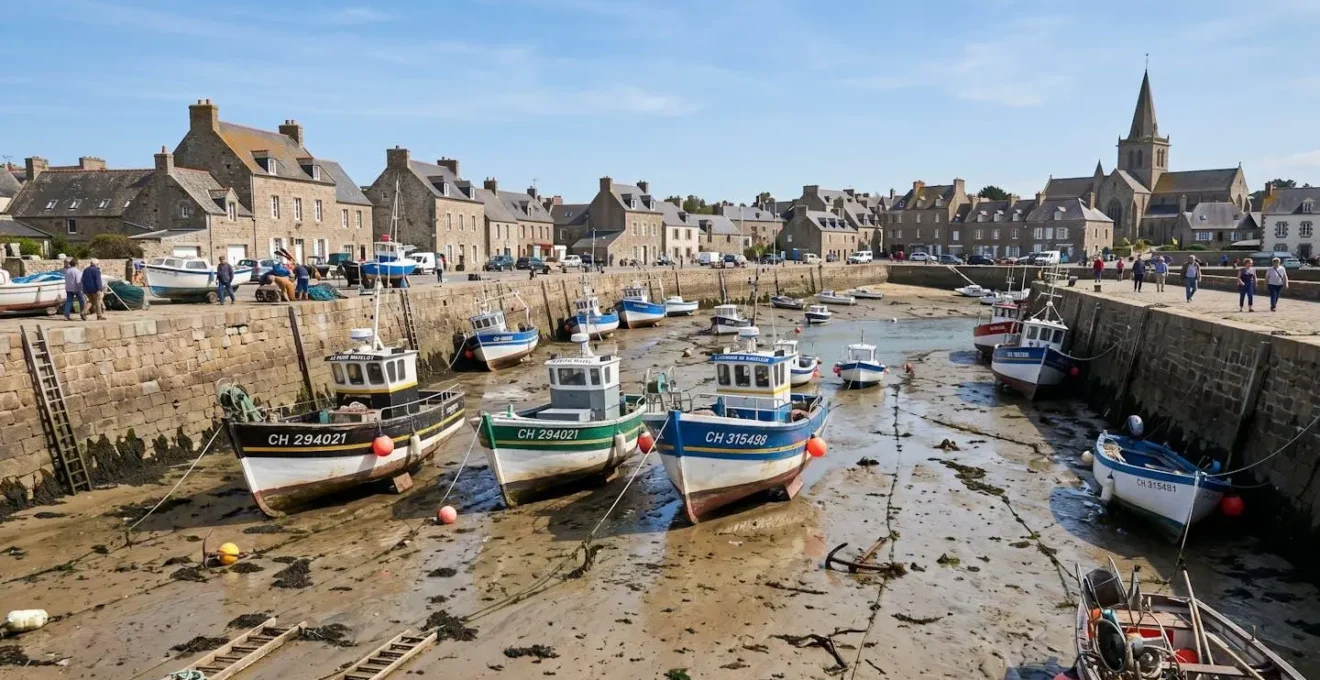 Vue panoramique du port de Barfleur à marée basse avec bateaux de pêche échoués sur le sable, quai en pierre de granit et ciel normand lumineux