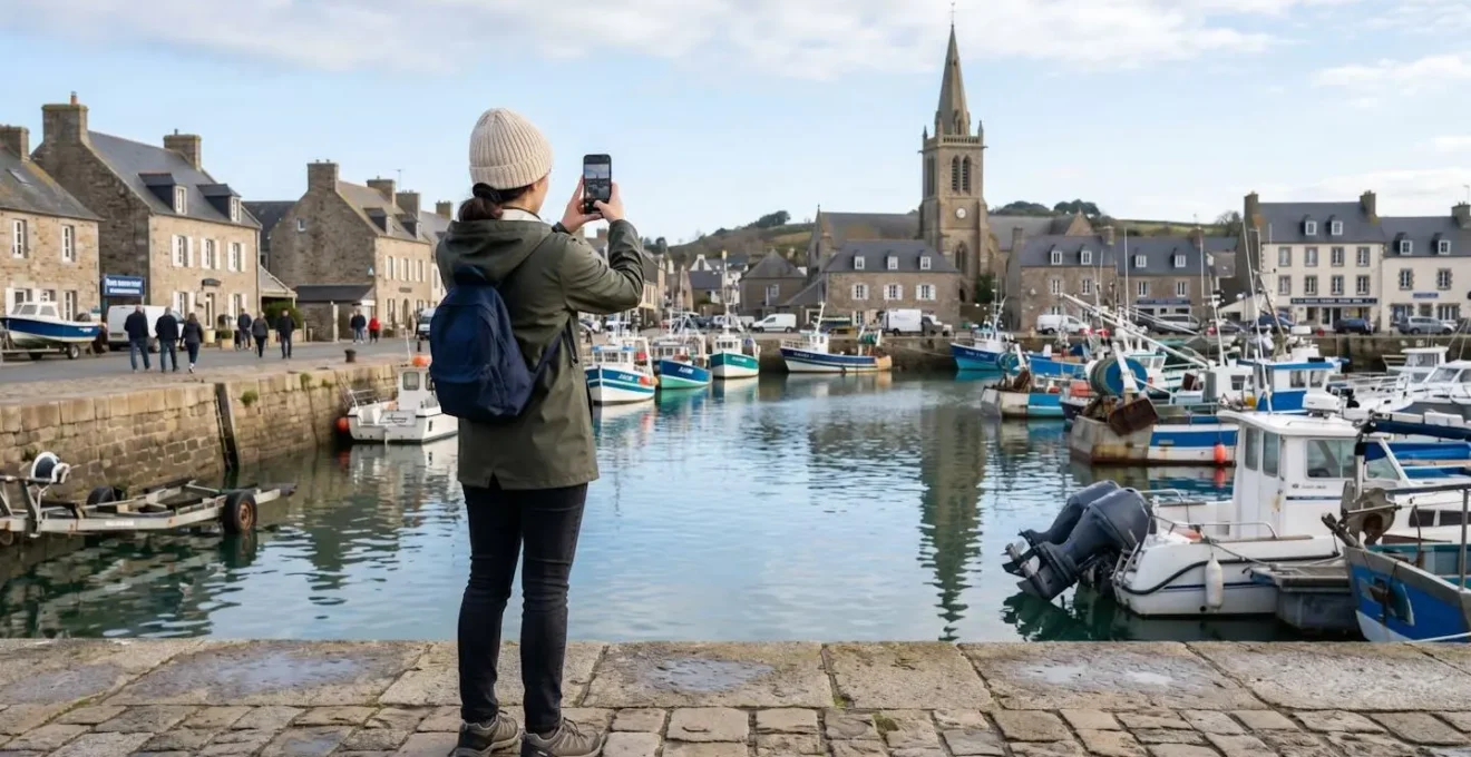 Visiteur vu de dos en train de photographier le port de Barfleur depuis le quai, vêtements décontractés contemporains, posture naturelle