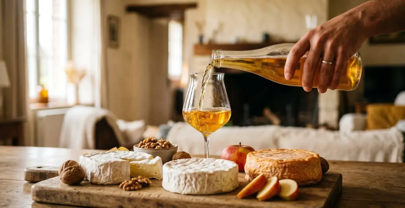 Plateau de fromages normands accompagné d'un verre de cidre brut dans un intérieur chaleureux