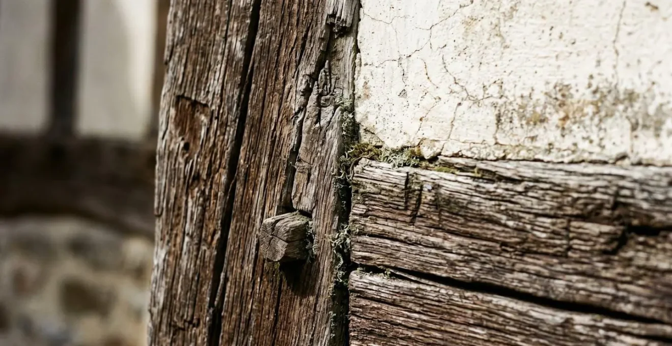 Détail architectural de colombages normands avec motifs géométriques traditionnels