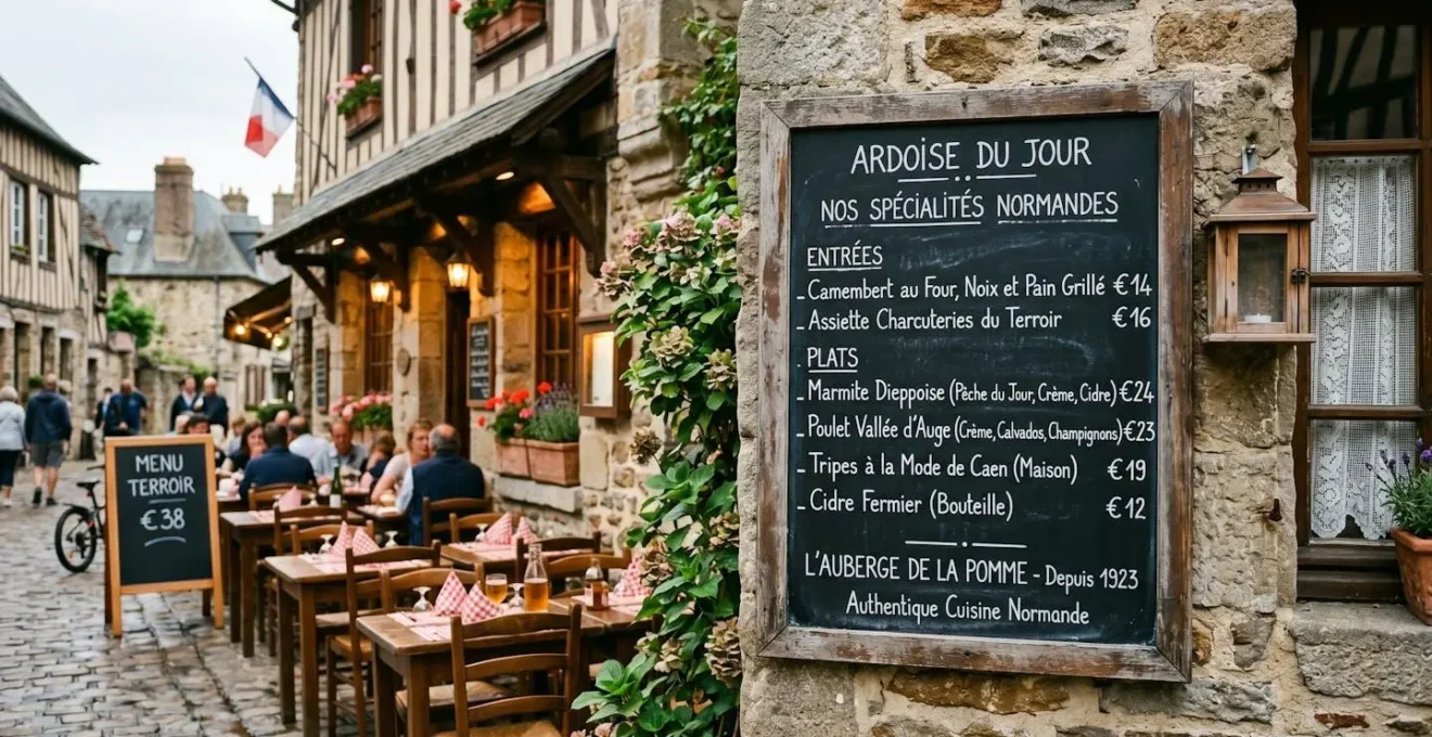 Ardoise de restaurant normand avec spécialités régionales, ambiance authentique et locale