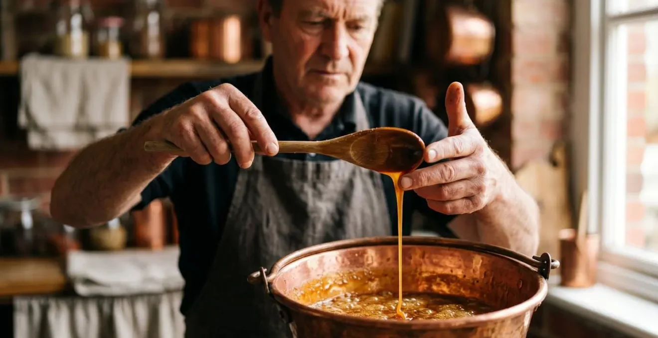 Geste artisanal d'un caramelier normand lors de la préparation traditionnelle