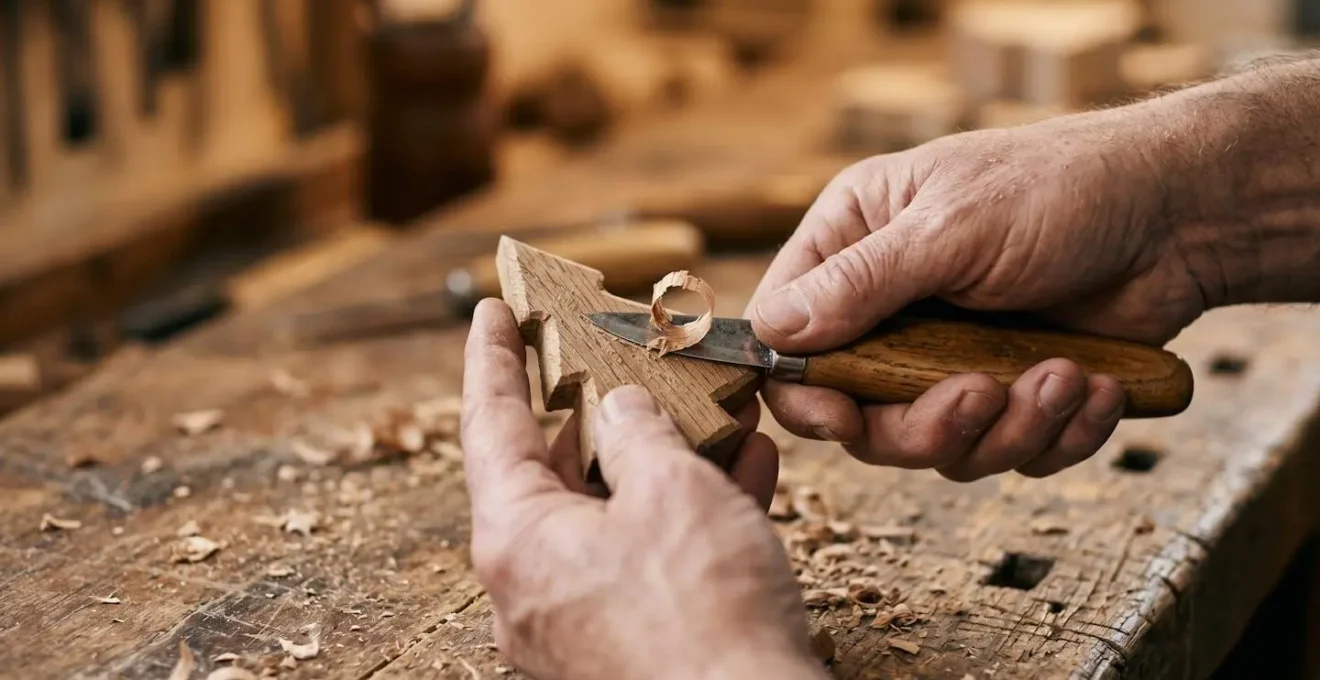 Mains d'artisan normand travaillant le bois avec des outils traditionnels dans un atelier chaleureux