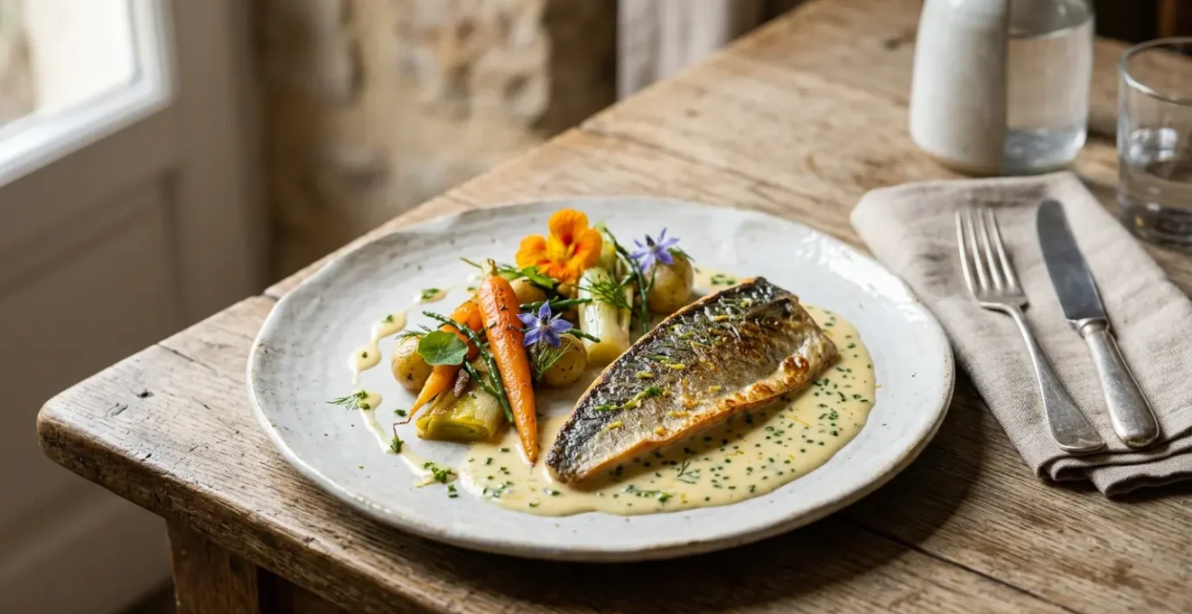 Assiette gastronomique normande avec produits de terroir dans un restaurant bistronomique