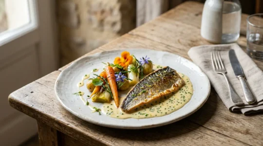 Assiette gastronomique normande avec produits de terroir dans un restaurant bistronomique