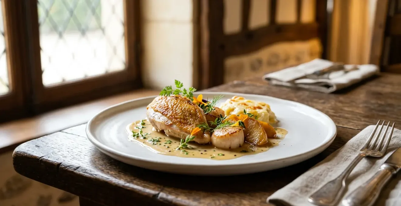 Assiette gastronomique raffinée mettant en valeur les produits du terroir normand dans un restaurant de caractère