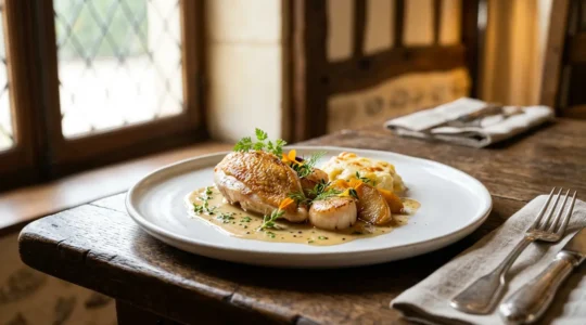 Assiette gastronomique raffinée mettant en valeur les produits du terroir normand dans un restaurant de caractère