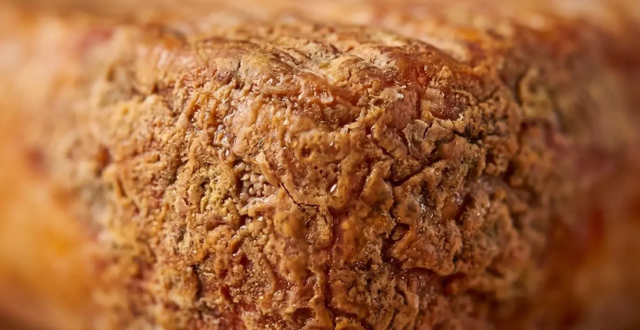 Détails macro de la croûte orangée d'un fromage à croûte lavée montrant la texture du ferment naturel