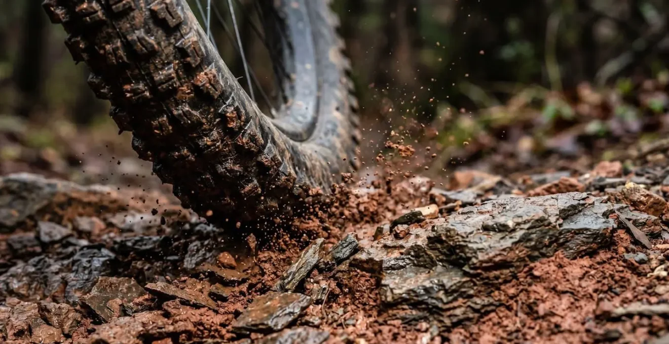 Détail macro de pneus de VTT de descente sur terrain rocailleux normand avec projections de terre