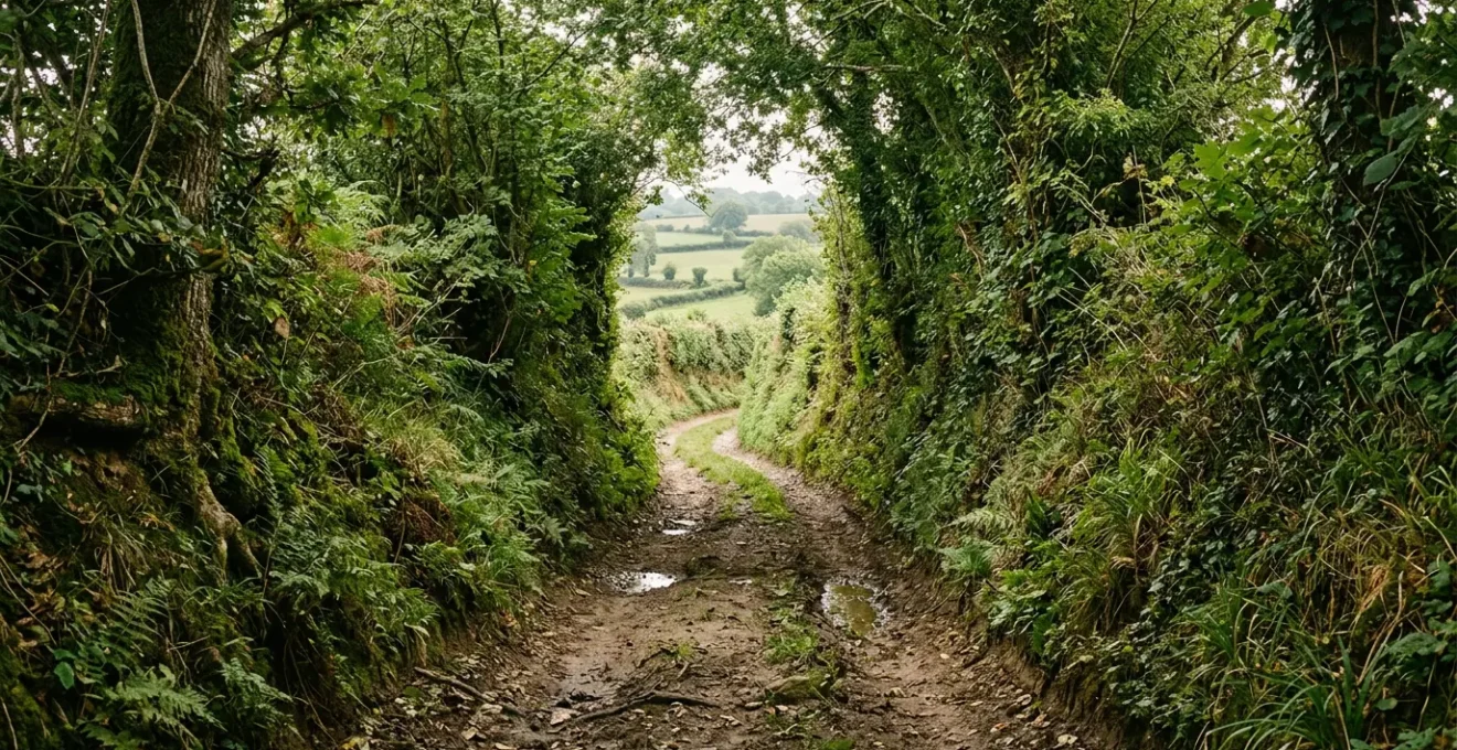 Chemin creux sinueux bordé de haies bocagères luxuriantes dans le paysage vallonné de Normandie