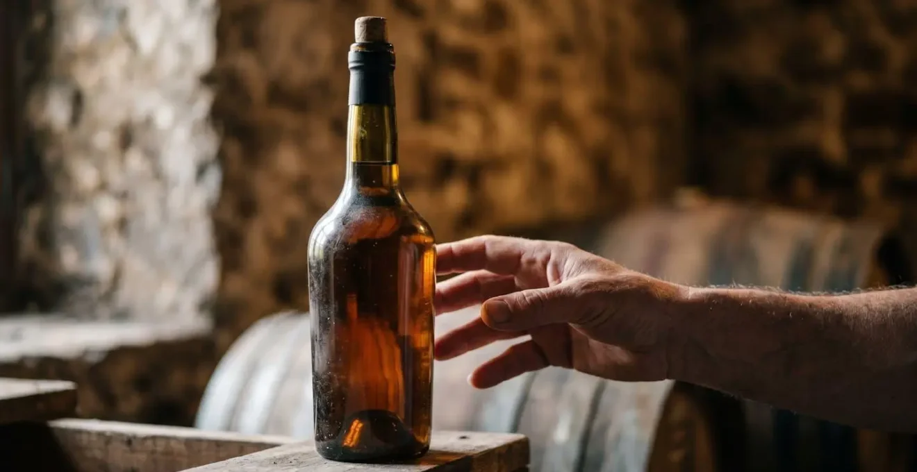 Détail d'une bouteille de Calvados ancien dans un environnement de conservation contrôlée
