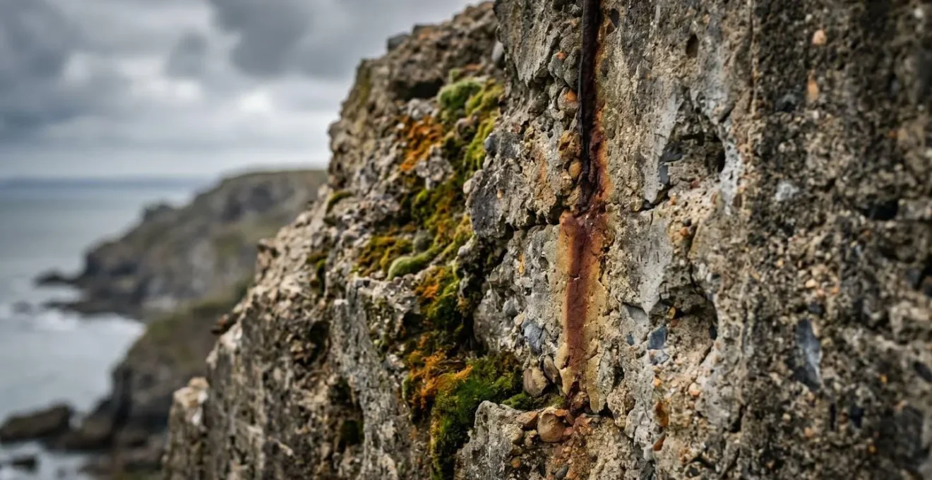 Vue rapprochée d'un bunker en béton allemand sur une falaise normande avec cratères d'obus visibles