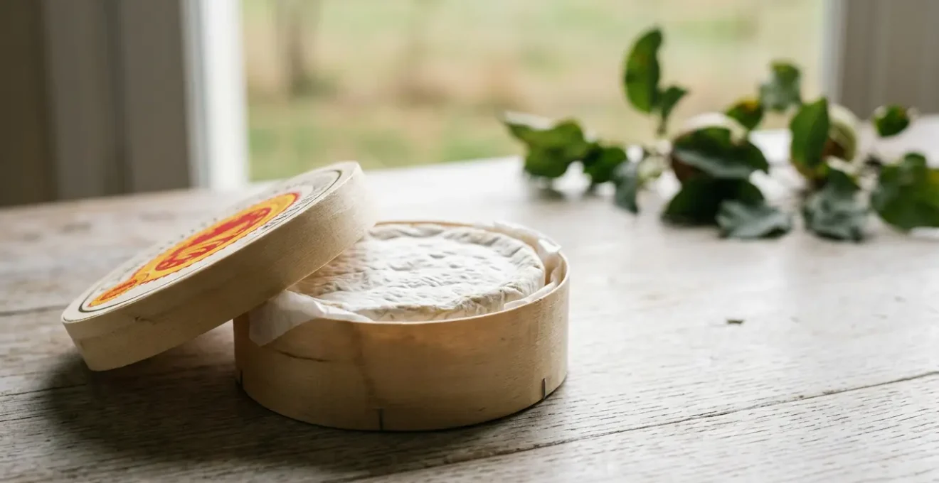Camembert de Normandie AOP authentique dans sa boîte en bois avec logo rouge et jaune sur fond neutre