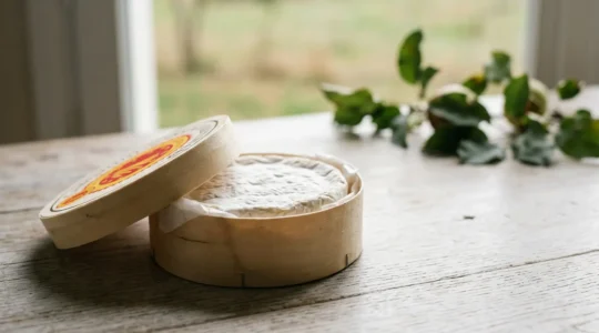 Camembert de Normandie AOP authentique dans sa boîte en bois avec logo rouge et jaune sur fond neutre