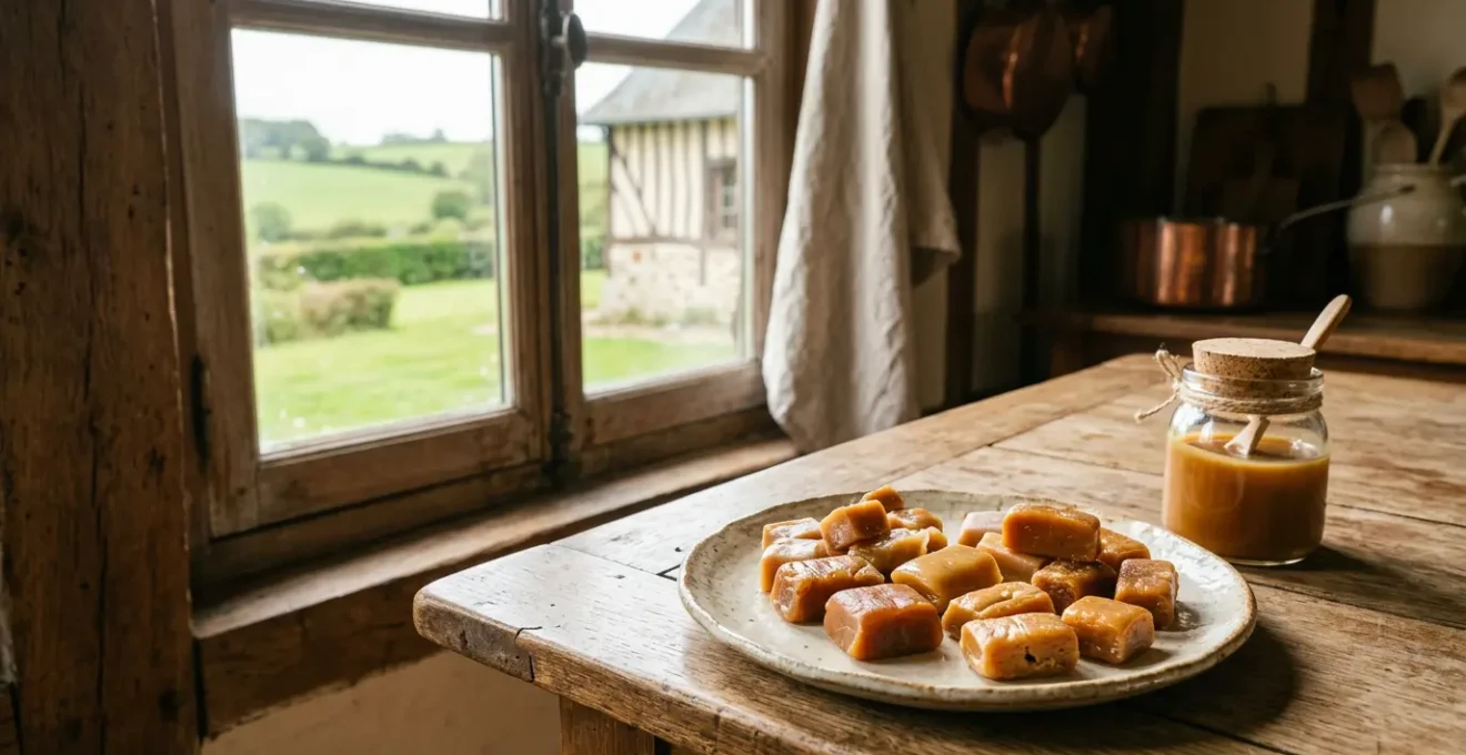 Présentation artisanale de caramels au beurre salé normands dans un cadre traditionnel