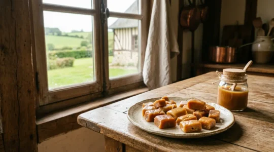 Présentation artisanale de caramels au beurre salé normands dans un cadre traditionnel