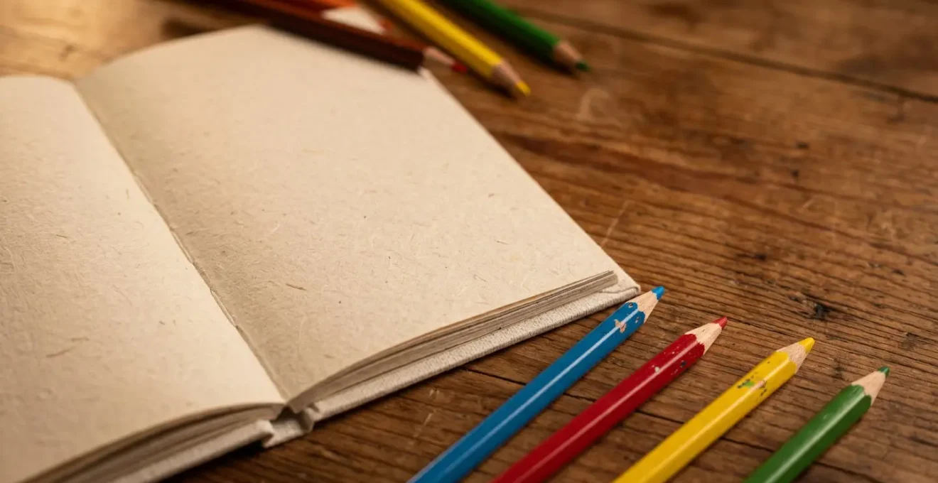 Carnet de voyage ouvert avec crayons de couleur sur une table en bois le soir
