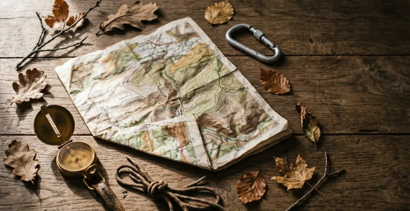Vue en plongée sur une table avec carte topographique de Normandie et accessoires de randonnée