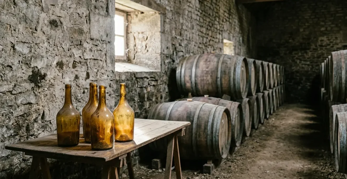 Cave de vieillissement de Calvados en Normandie avec fûts de chêne et bouteilles anciennes