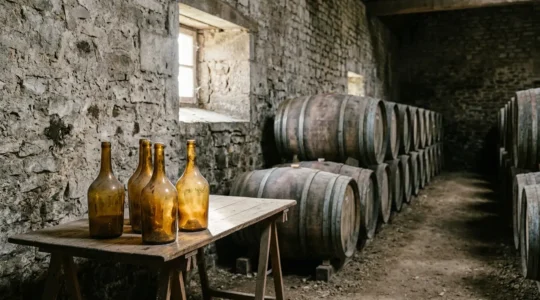 Cave de vieillissement de Calvados en Normandie avec fûts de chêne et bouteilles anciennes