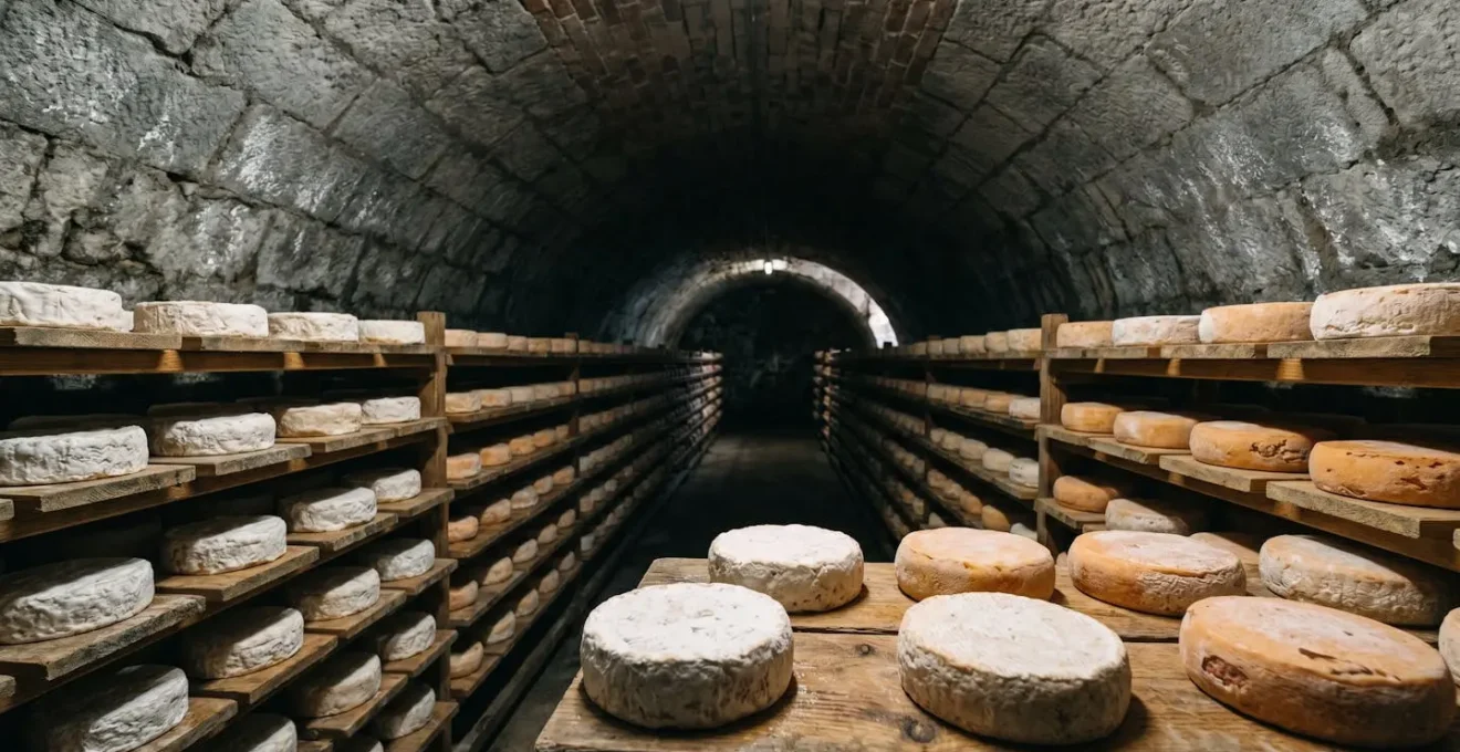 Intérieur d'une cave d'affinage traditionnelle normande avec murs en pierre poreuse et fromages à pâte molle sur claies en bois