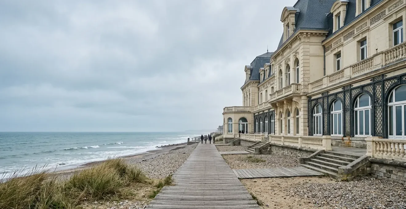 Vue d'ensemble d'un centre de thalassothérapie normand face à la mer sous un ciel lumineux