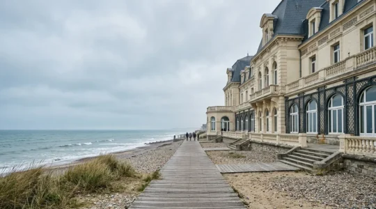 Vue d'ensemble d'un centre de thalassothérapie normand face à la mer sous un ciel lumineux
