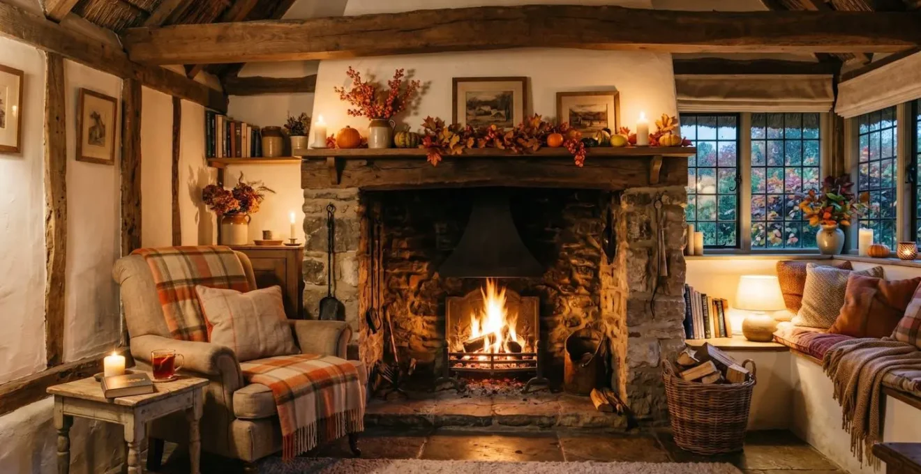 Intérieur cosy d'une chaumière normande avec feu de cheminée, atmosphère romantique d'automne
