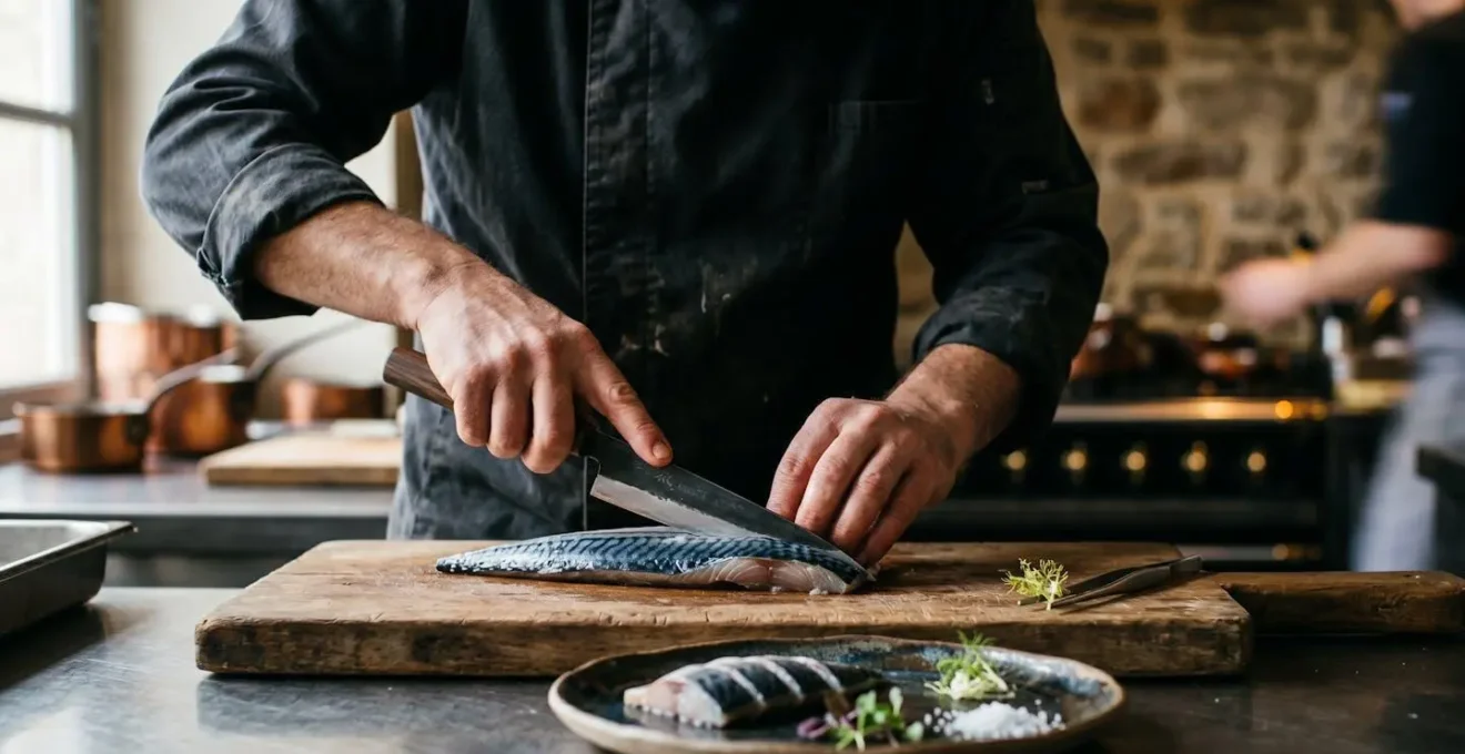 Chef préparant des produits normands avec technique gastronomique dans une cuisine bistronomique