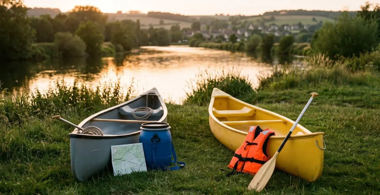 Matériel de canoë-kayak préparé sur une berge en Normandie, symbolisant le choix entre location et sortie guidée.