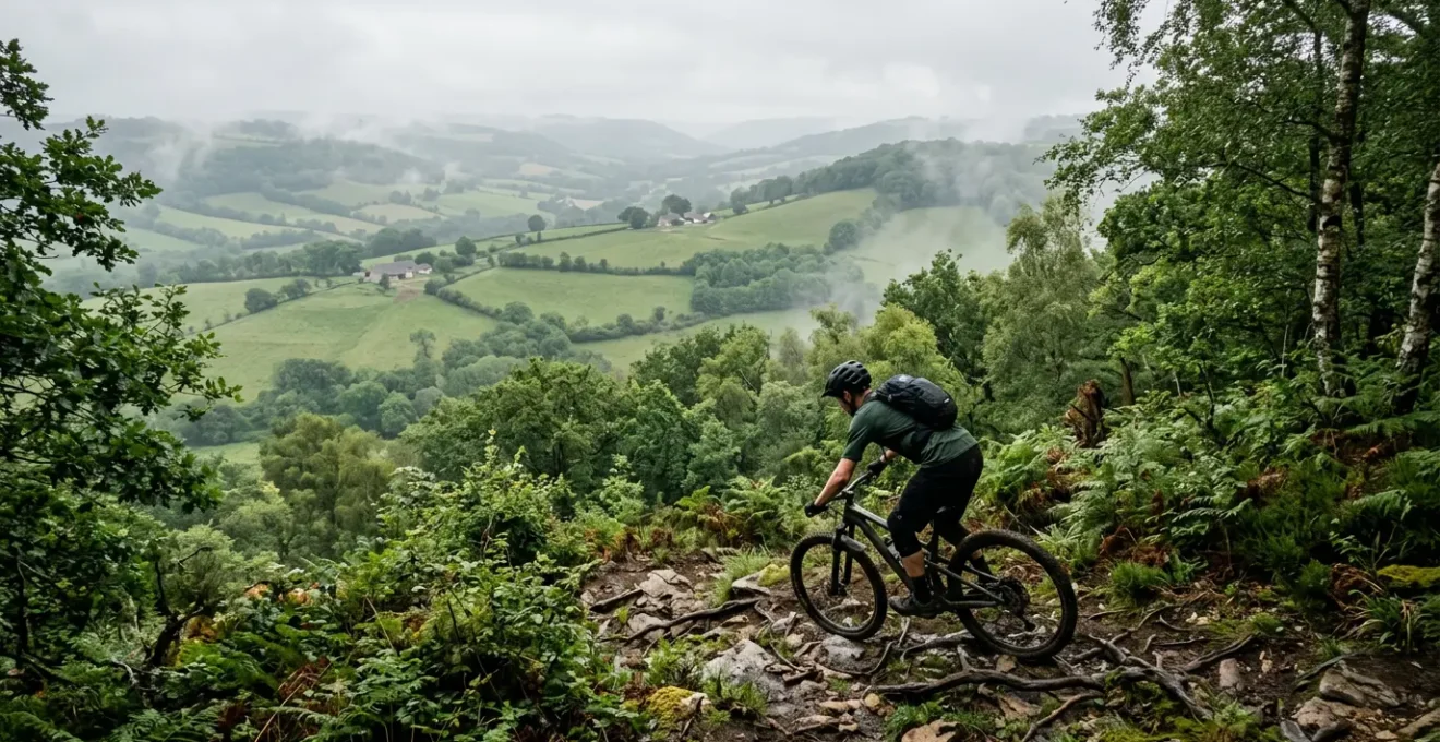 Vététiste explorant un sentier technique en Suisse Normande avec vue panoramique sur les vallées verdoyantes