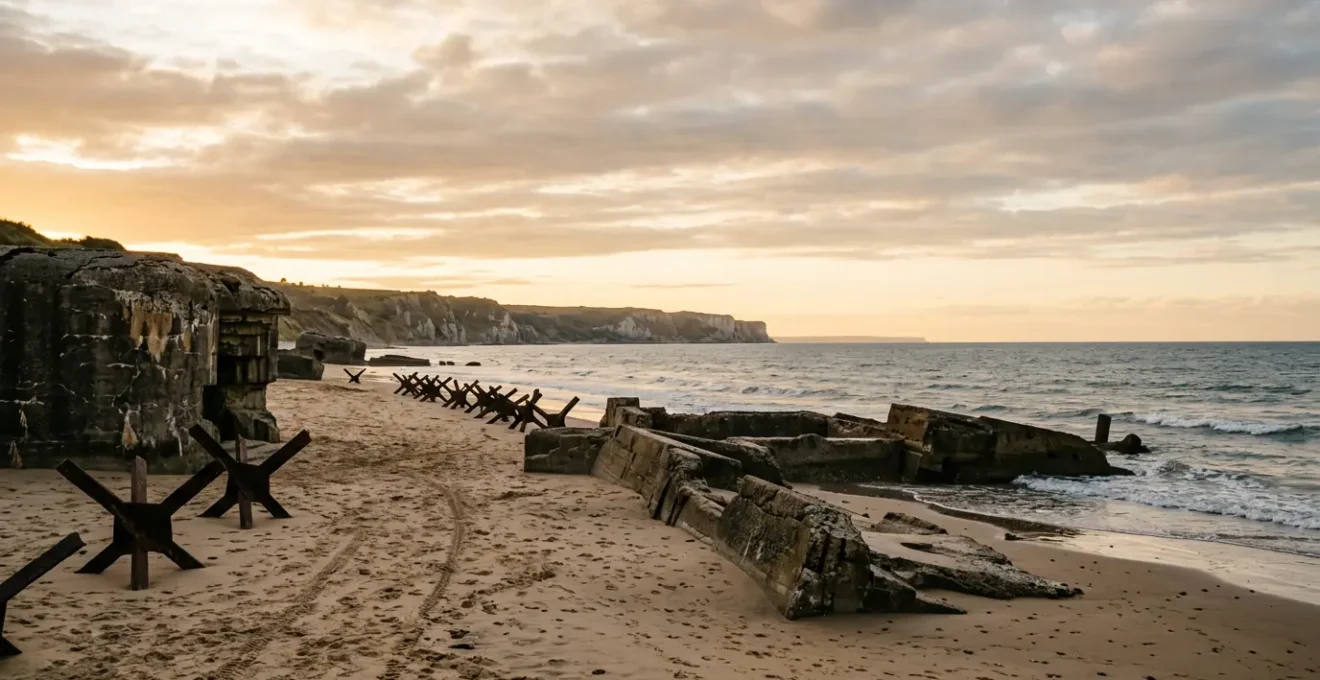Vue panoramique des plages du débarquement de Normandie avec des vestiges historiques du 6 juin 1944