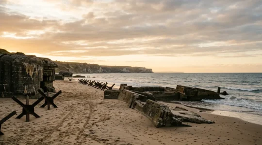 Vue panoramique des plages du débarquement de Normandie avec des vestiges historiques du 6 juin 1944