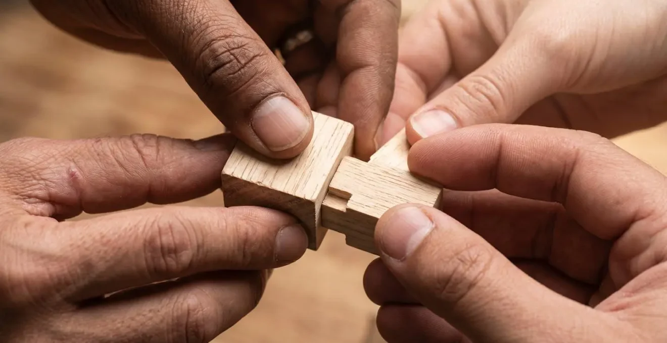Mains de différents membres d'équipe assemblant collaborativement des éléments en bois