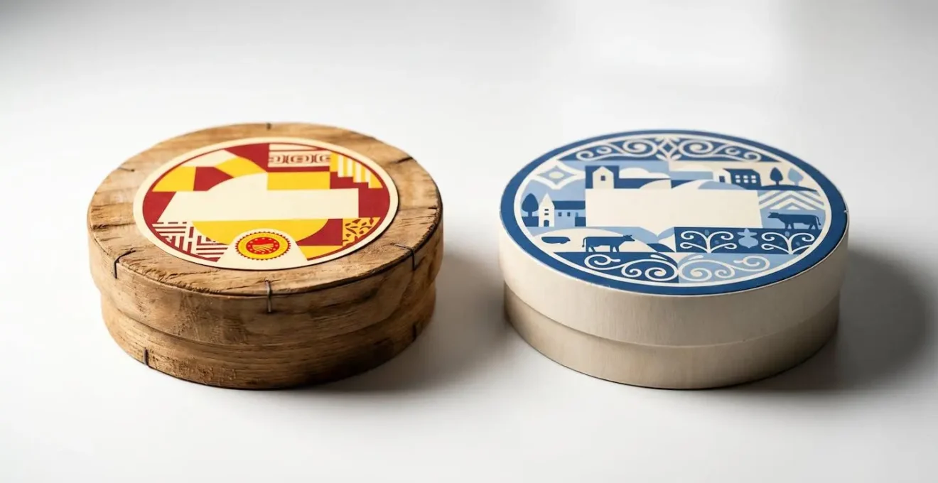Deux boîtes de camembert côte à côte montrant les différences d'emballage entre AOP et industriel