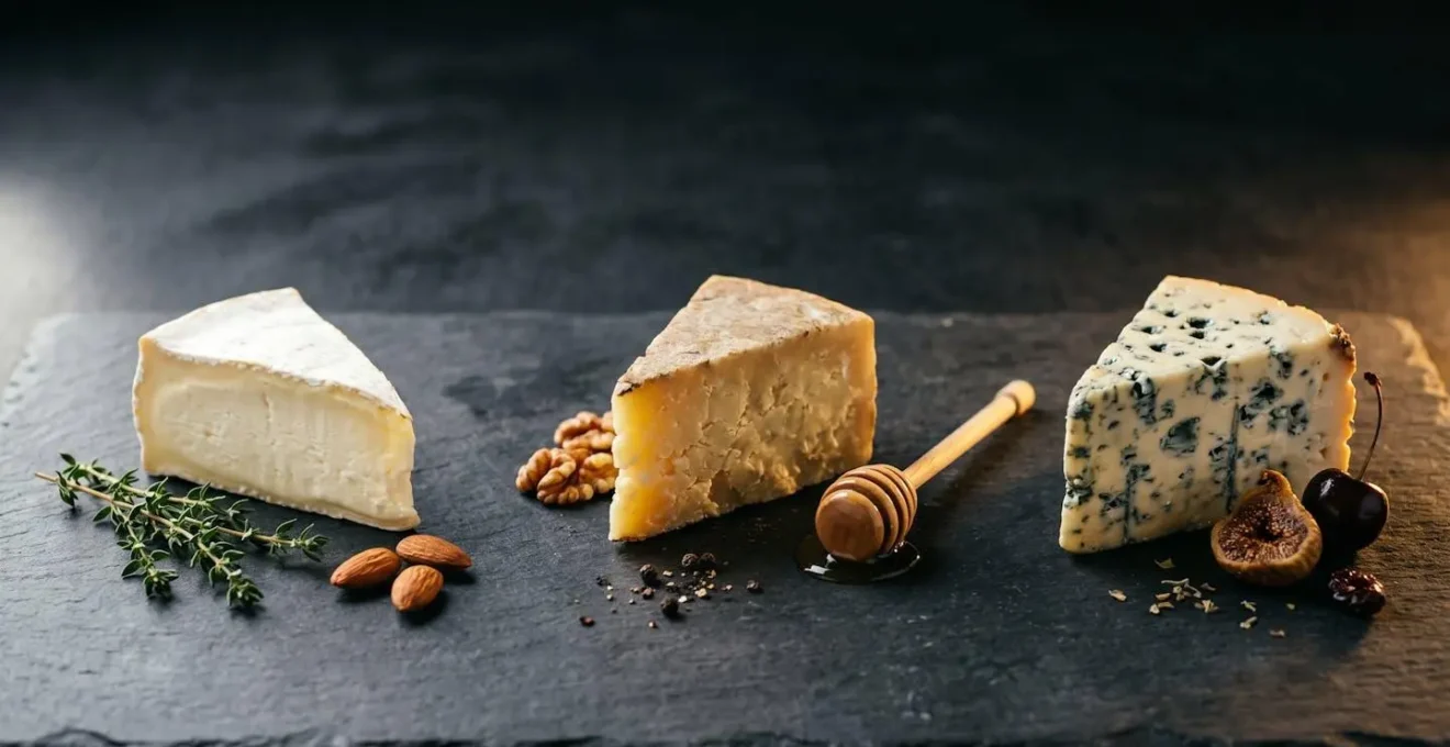 Composition symbolique représentant les trois phases de dégustation d'un fromage à travers des éléments visuels abstraits