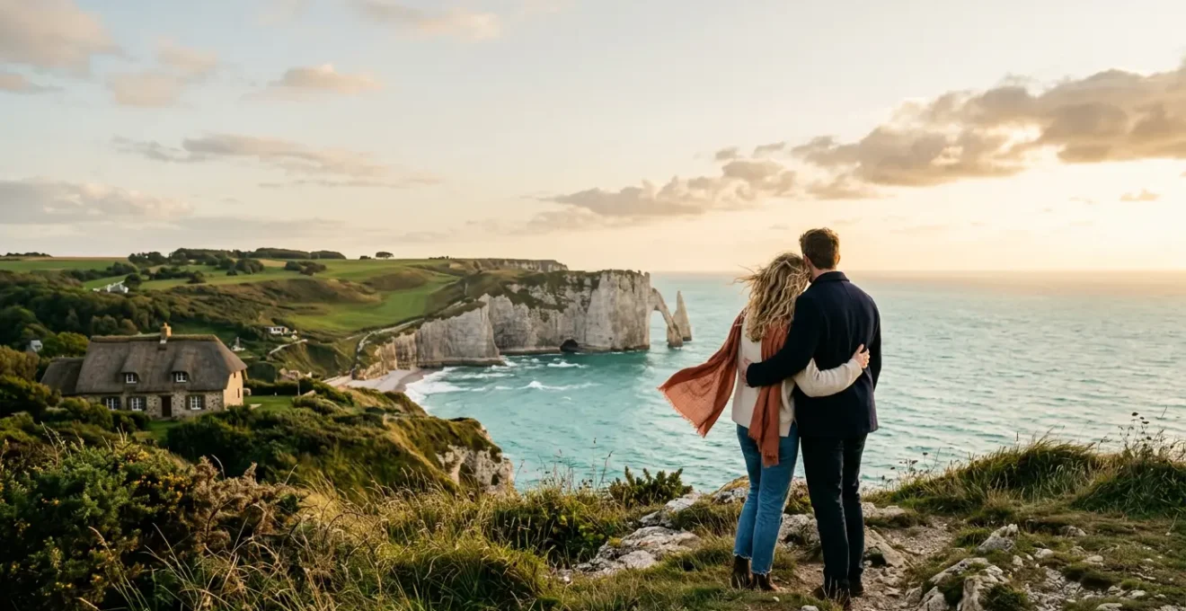 Couple admirant le coucher de soleil sur les falaises de Normandie, vue romantique sur la mer
