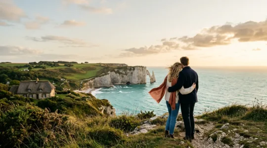 Couple admirant le coucher de soleil sur les falaises de Normandie, vue romantique sur la mer