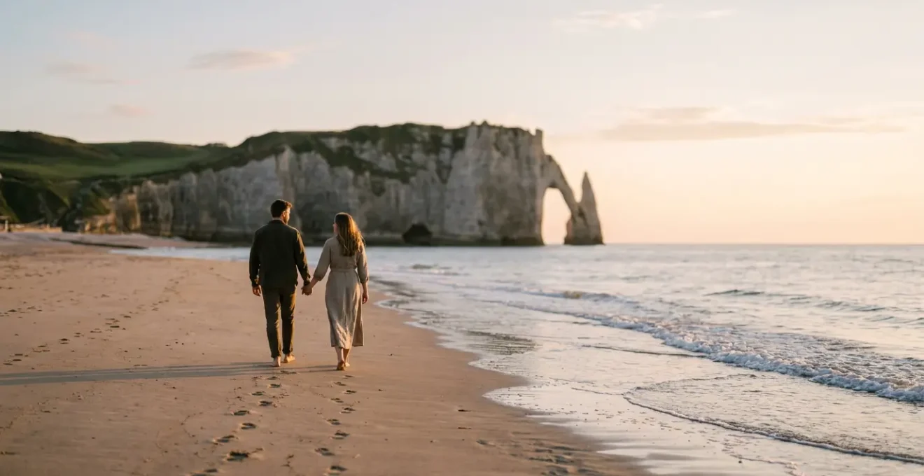 Couple romantique se promenant main dans la main sur une plage normande au coucher du soleil avec les falaises en arrière-plan