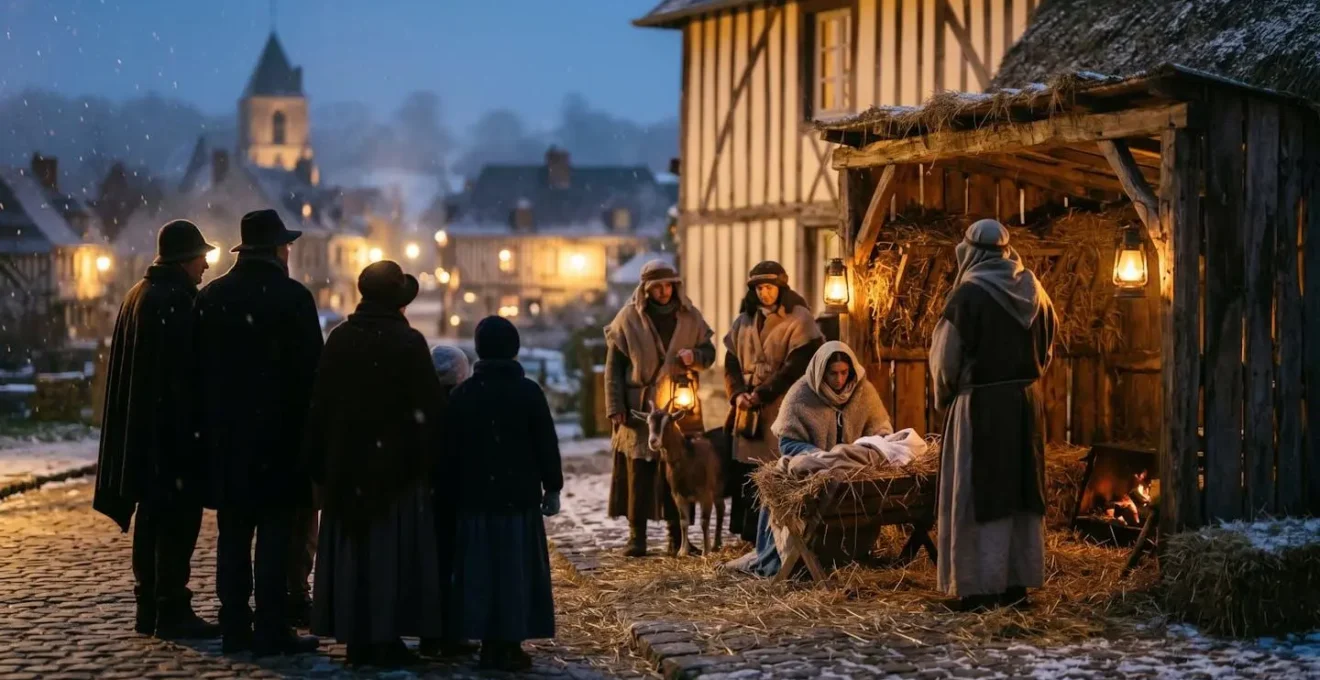Scène intimiste d'une crèche vivante dans un village normand avec architecture traditionnelle