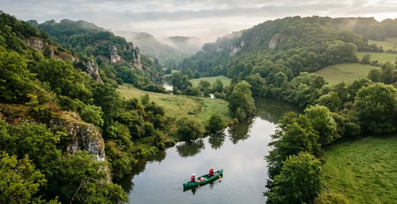 Débutant en canoë naviguant sur la rivière Orne en Suisse Normande