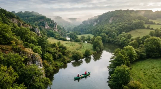 Débutant en canoë naviguant sur la rivière Orne en Suisse Normande