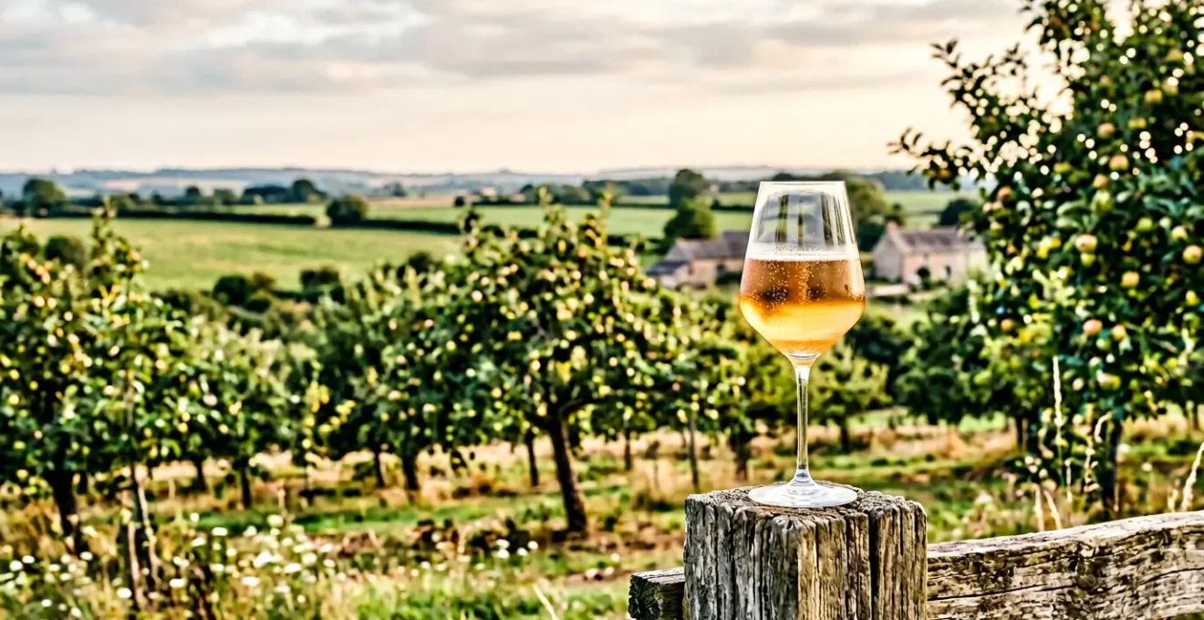 Dégustation de cidre normand AOP dans un verre traditionnel, verger de pommiers en arrière-plan