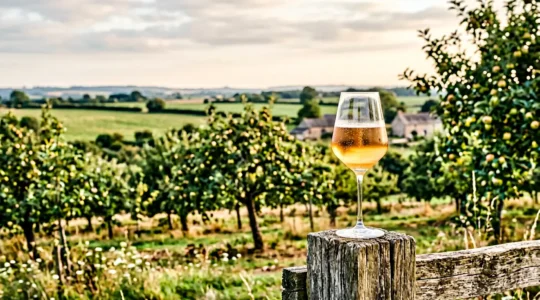 Dégustation de cidre normand AOP dans un verre traditionnel, verger de pommiers en arrière-plan