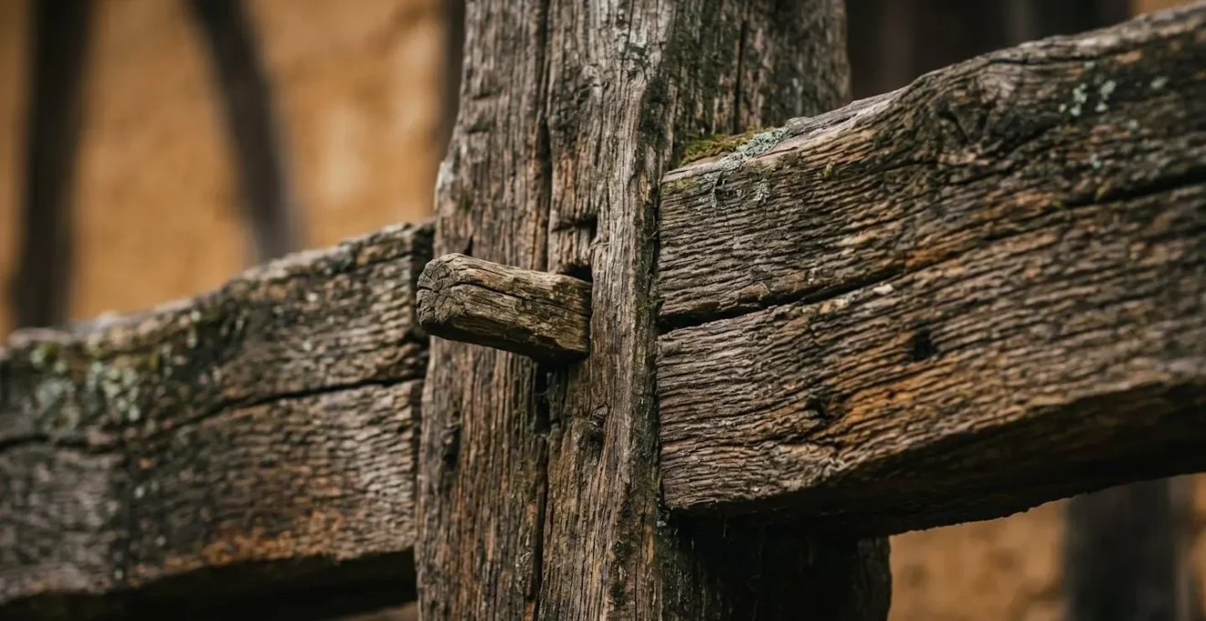 Gros plan sur un assemblage authentique de colombage normand révélant la technique artisanale ancestrale