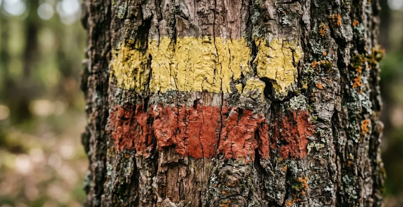 Gros plan macro sur une marque de balisage jaune et rouge peinte sur écorce d'arbre