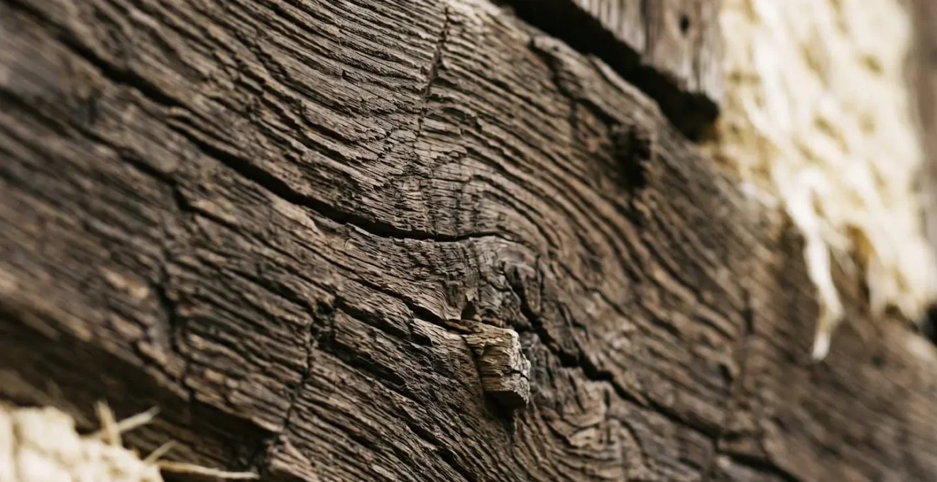 Gros plan sur les textures et détails d'un bois de chêne ancien d'une maison à colombages normande révélant les marques du temps