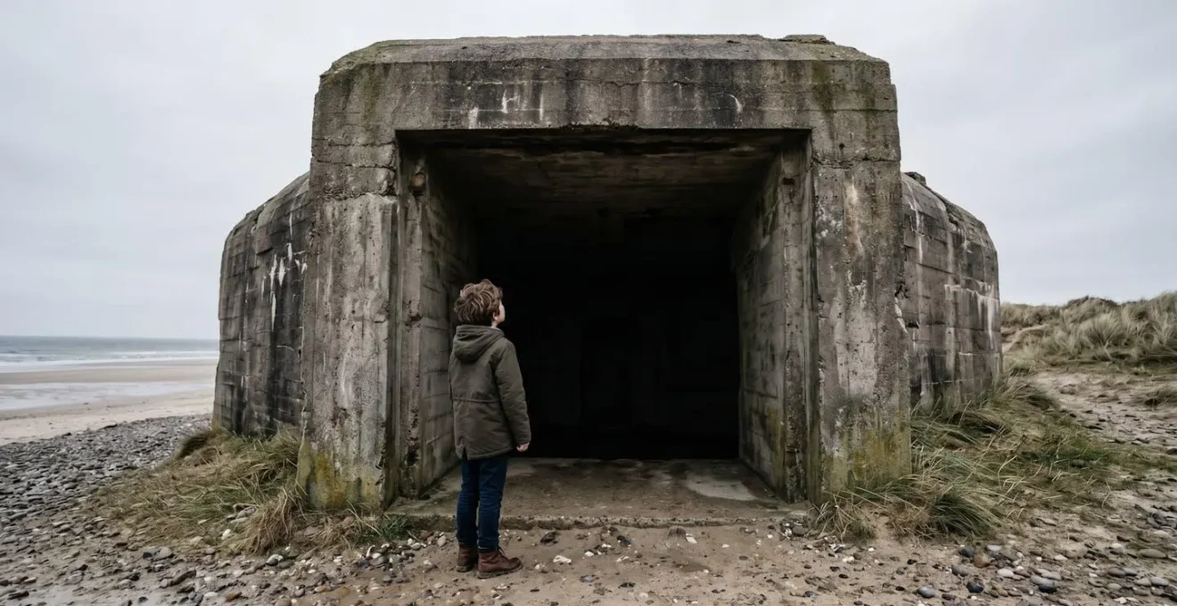 Enfant explorant avec curiosité les vestiges d'un bunker sur une plage normande