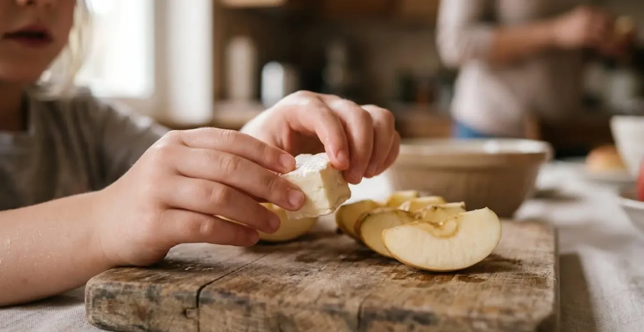 Mains d'enfant tenant un petit cube de fromage normand à côté de tranches de pomme, ambiance familiale chaleureuse